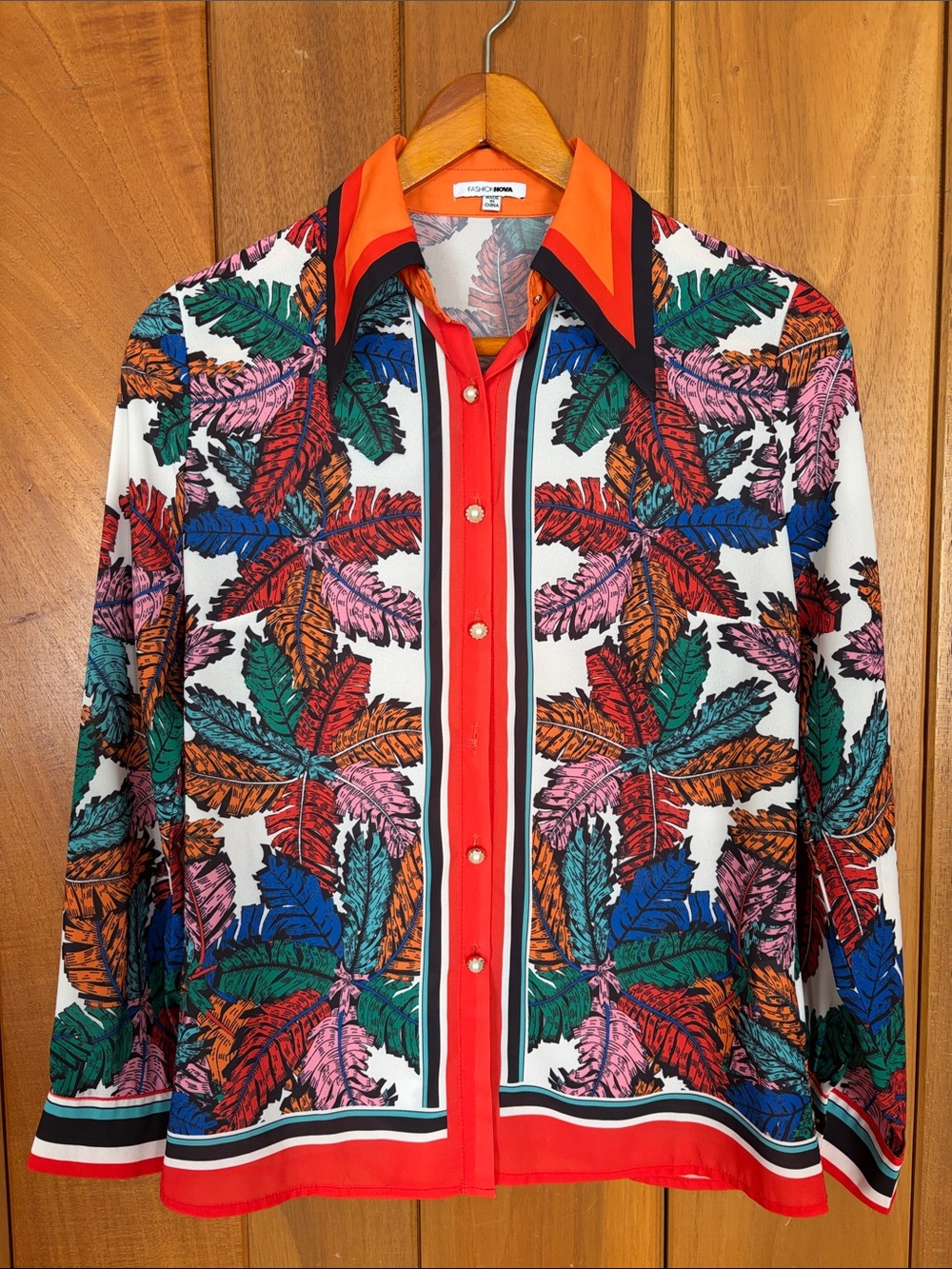 Fashion Nova Leaf-Print Silky Blouse with Pearl Buttons